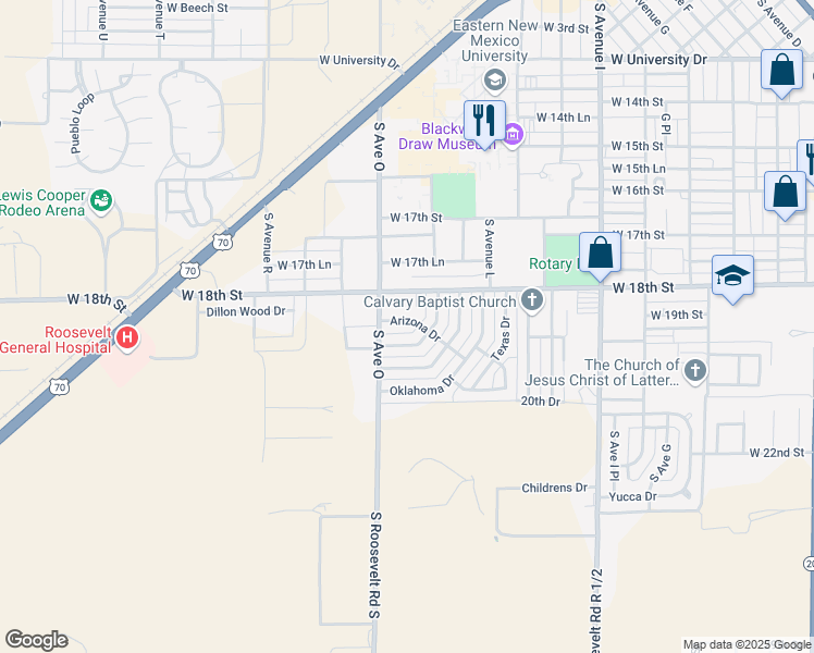 map of restaurants, bars, coffee shops, grocery stores, and more near 1549 Arizona Drive in Portales