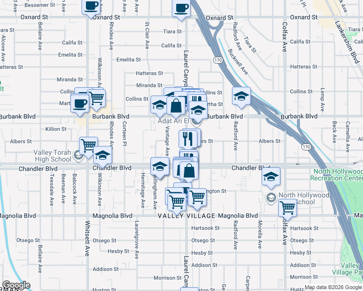 map of restaurants, bars, coffee shops, grocery stores, and more near 5451 Laurel Canyon Boulevard in Los Angeles