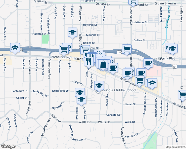 map of restaurants, bars, coffee shops, grocery stores, and more near 5436 Geyser Avenue in Los Angeles