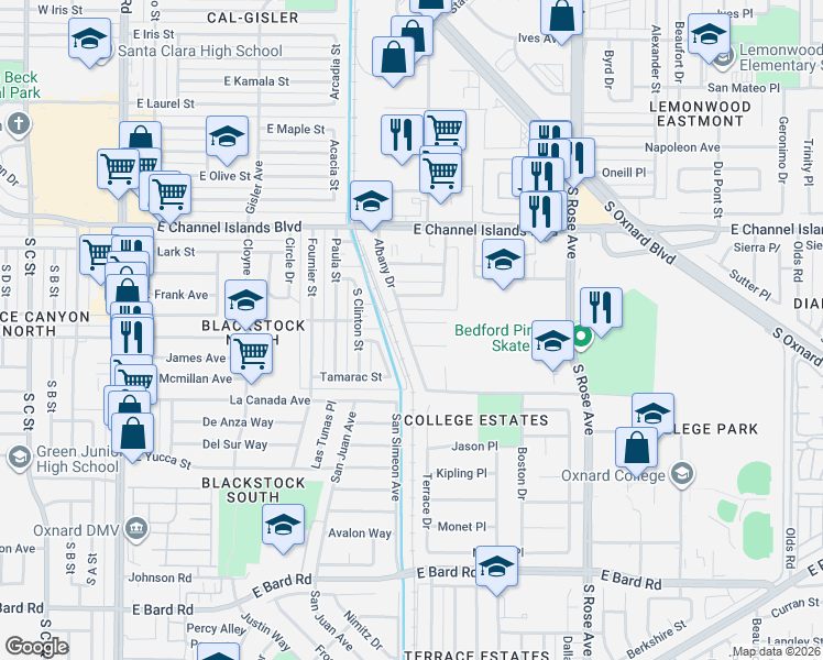 map of restaurants, bars, coffee shops, grocery stores, and more near 904 Denver Place in Oxnard