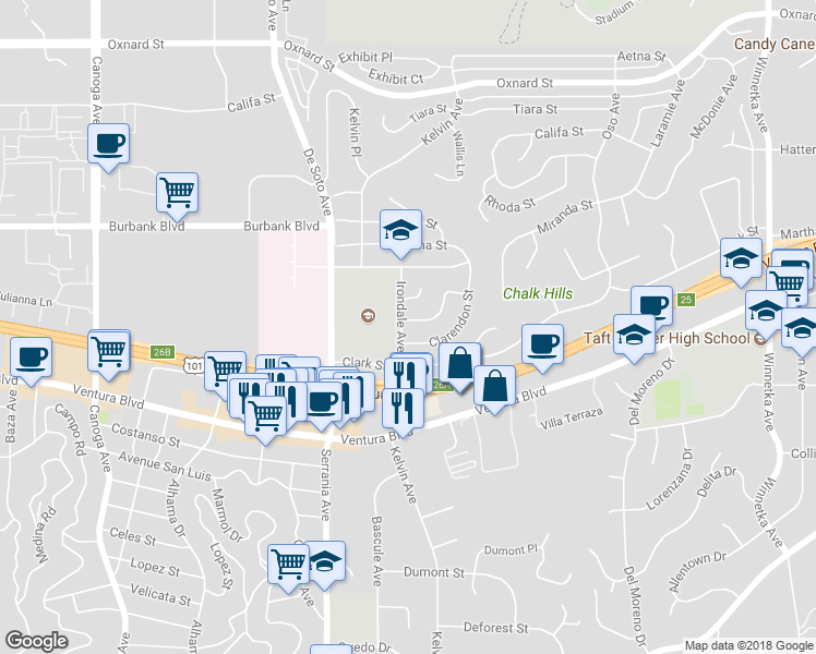 map of restaurants, bars, coffee shops, grocery stores, and more near 5446 Irondale Avenue in Los Angeles