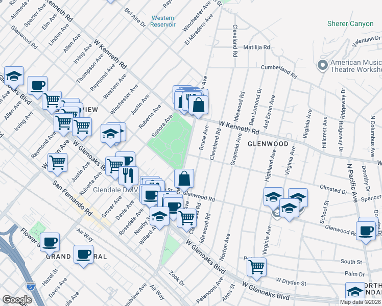 map of restaurants, bars, coffee shops, grocery stores, and more near 1402 Grandview Avenue in Glendale