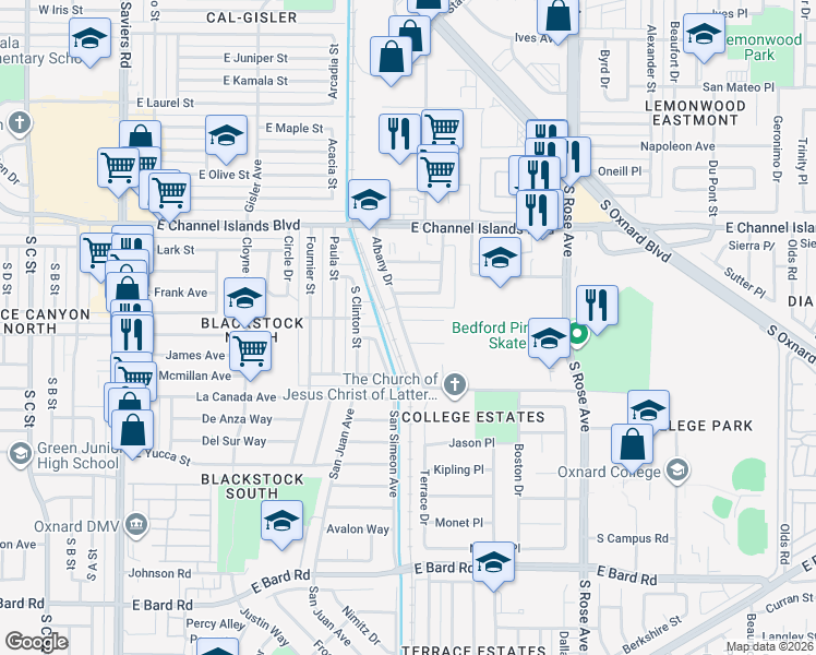 map of restaurants, bars, coffee shops, grocery stores, and more near 924 Denver Place in Oxnard
