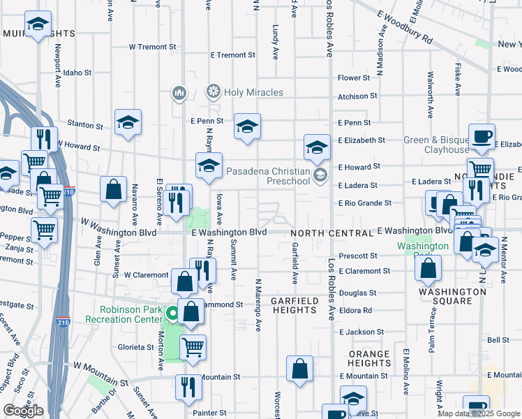 map of restaurants, bars, coffee shops, grocery stores, and more near 1404 North Marengo Avenue in Pasadena