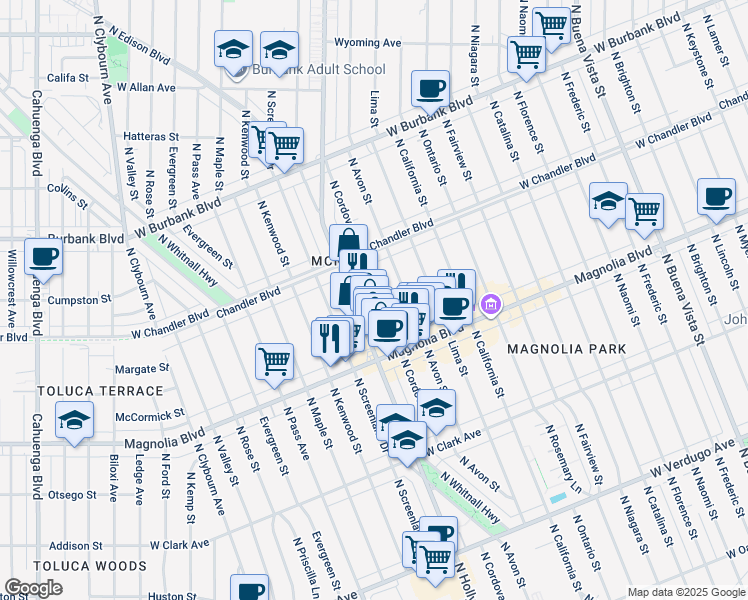 map of restaurants, bars, coffee shops, grocery stores, and more near 1105 North Cordova Street in Burbank