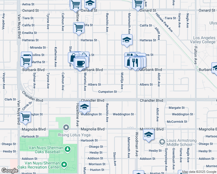 map of restaurants, bars, coffee shops, grocery stores, and more near 13854 Albers Street in Los Angeles