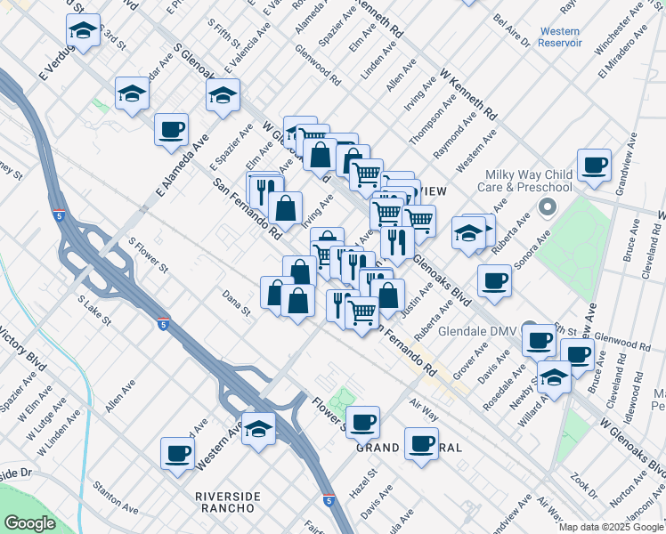 map of restaurants, bars, coffee shops, grocery stores, and more near 1011 Raymond Avenue in Glendale