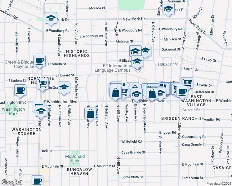map of restaurants, bars, coffee shops, grocery stores, and more near 1385 North Hill Avenue in Pasadena
