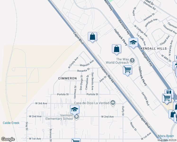 map of restaurants, bars, coffee shops, grocery stores, and more near 2715 Rosarita Street in San Bernardino