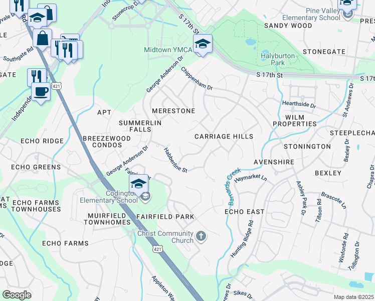 map of restaurants, bars, coffee shops, grocery stores, and more near 1009 Steeplechase Road in Wilmington