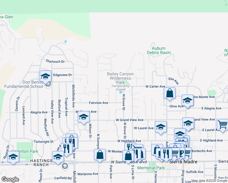 map of restaurants, bars, coffee shops, grocery stores, and more near 461 Crestvale Drive in Sierra Madre