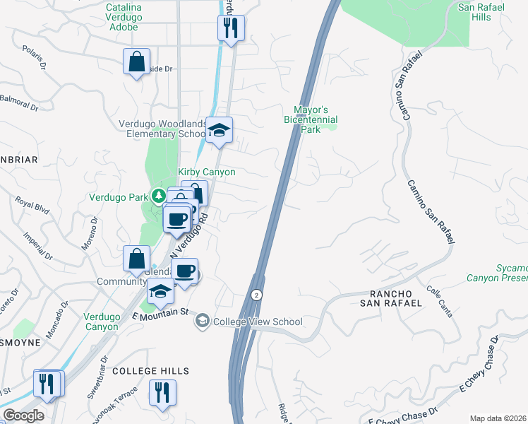 map of restaurants, bars, coffee shops, grocery stores, and more near 1904 Verdugo Loma Drive in Glendale