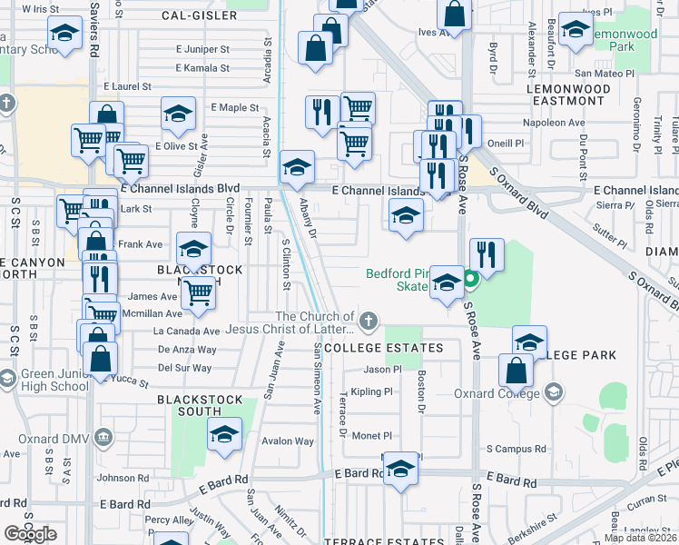 map of restaurants, bars, coffee shops, grocery stores, and more near 924 Denver Place in Oxnard