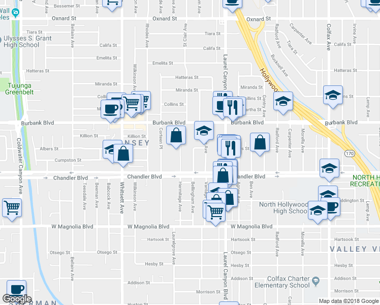 map of restaurants, bars, coffee shops, grocery stores, and more near 5449 Bellingham Avenue in Los Angeles