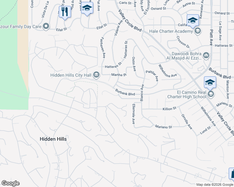 map of restaurants, bars, coffee shops, grocery stores, and more near 24331 Crestlawn Street in Los Angeles