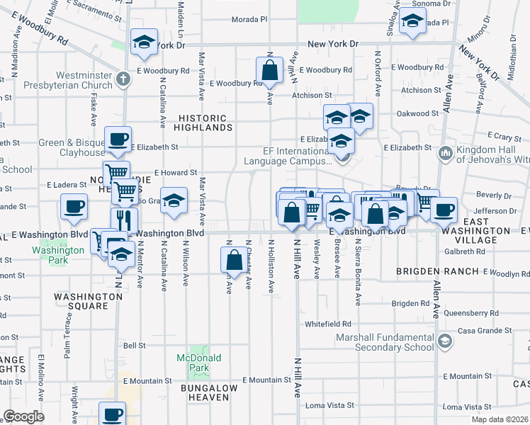 map of restaurants, bars, coffee shops, grocery stores, and more near 1401 North Holliston Avenue in Pasadena