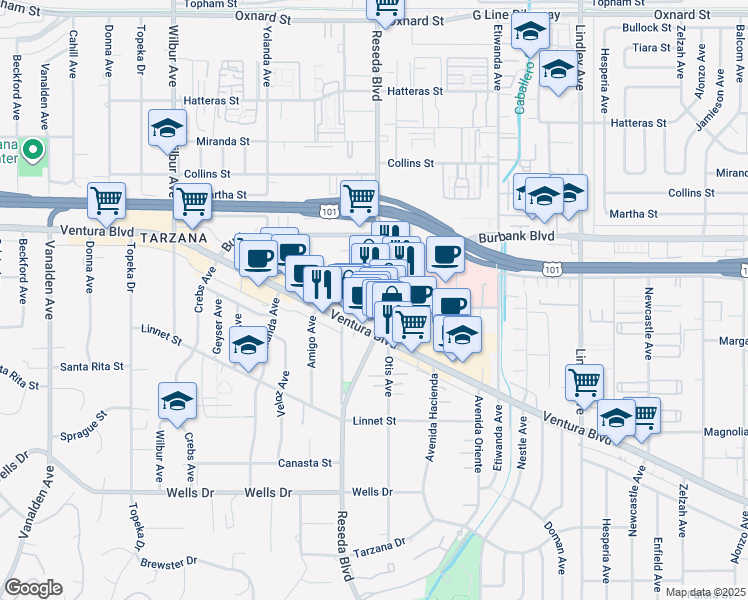 map of restaurants, bars, coffee shops, grocery stores, and more near 5503 Reseda Boulevard in Los Angeles