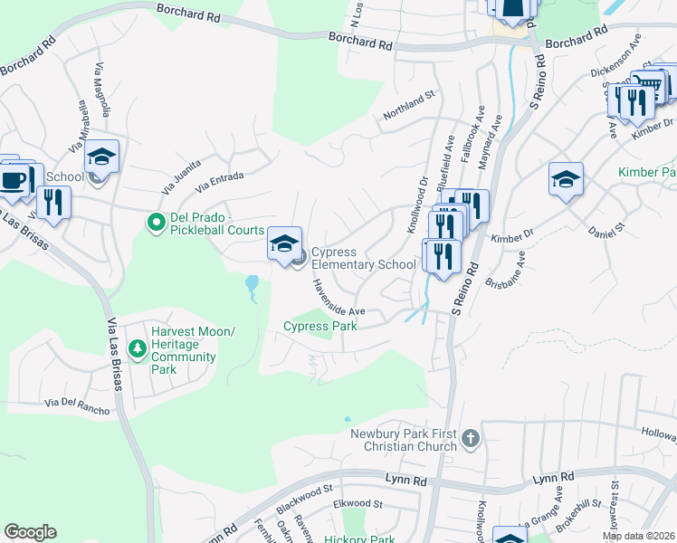 map of restaurants, bars, coffee shops, grocery stores, and more near 491 South Danville Avenue in Thousand Oaks