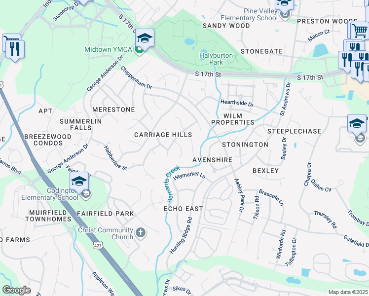 map of restaurants, bars, coffee shops, grocery stores, and more near 4007 East Durant Court in Wilmington