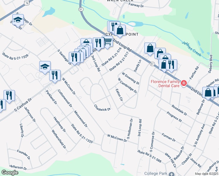 map of restaurants, bars, coffee shops, grocery stores, and more near 1523 Oxford Street in Florence