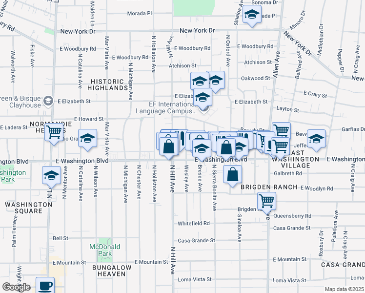 map of restaurants, bars, coffee shops, grocery stores, and more near 1393 Wesley Avenue in Pasadena