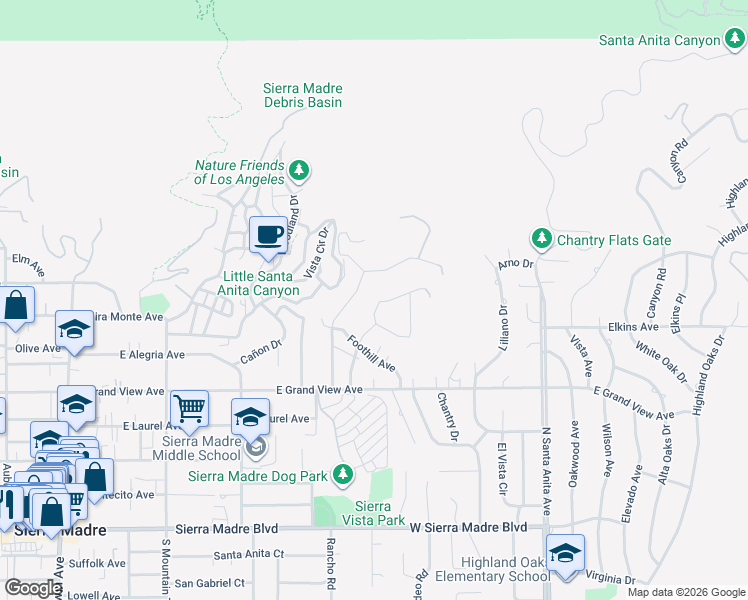 map of restaurants, bars, coffee shops, grocery stores, and more near 547 Acacia Street in Sierra Madre