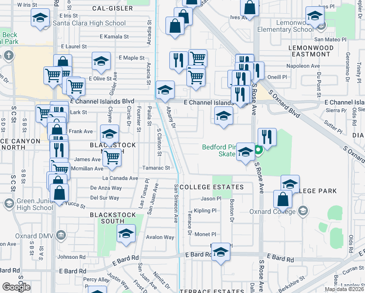 map of restaurants, bars, coffee shops, grocery stores, and more near 904 Denver Place in Oxnard