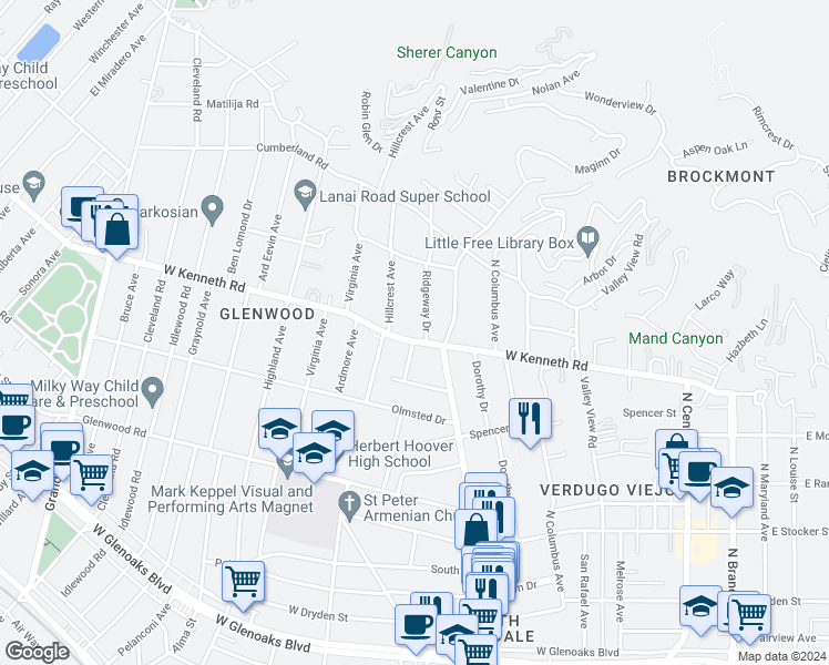 map of restaurants, bars, coffee shops, grocery stores, and more near 527 West Kenneth Road in Glendale