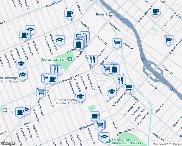 map of restaurants, bars, coffee shops, grocery stores, and more near 405 South Victory Boulevard in Burbank