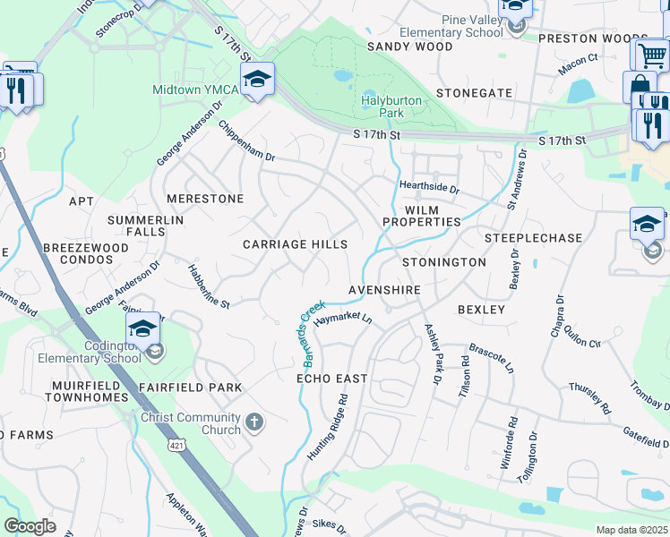 map of restaurants, bars, coffee shops, grocery stores, and more near 4007 East Durant Court in Wilmington