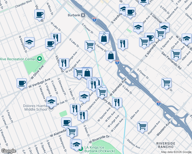 map of restaurants, bars, coffee shops, grocery stores, and more near 242 West Cedar Avenue in Burbank
