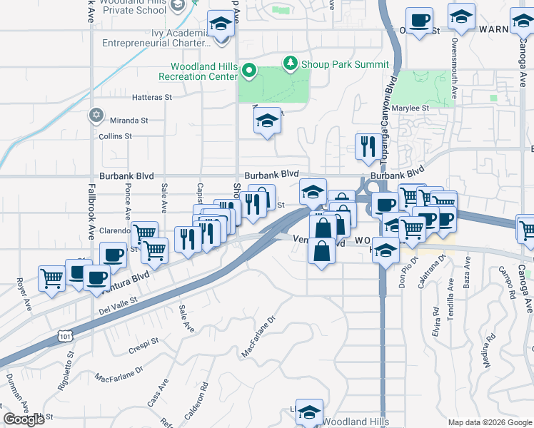 map of restaurants, bars, coffee shops, grocery stores, and more near 22308 Dolorosa Street in Los Angeles