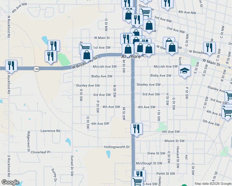 map of restaurants, bars, coffee shops, grocery stores, and more near 1323 3rd Avenue Southwest in Ardmore