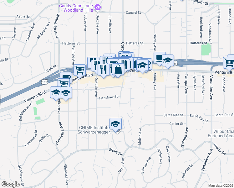 map of restaurants, bars, coffee shops, grocery stores, and more near 19709 Henshaw Street in Los Angeles