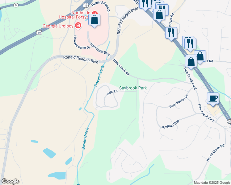 map of restaurants, bars, coffee shops, grocery stores, and more near 1205 Apple Blossom Drive in Cumming