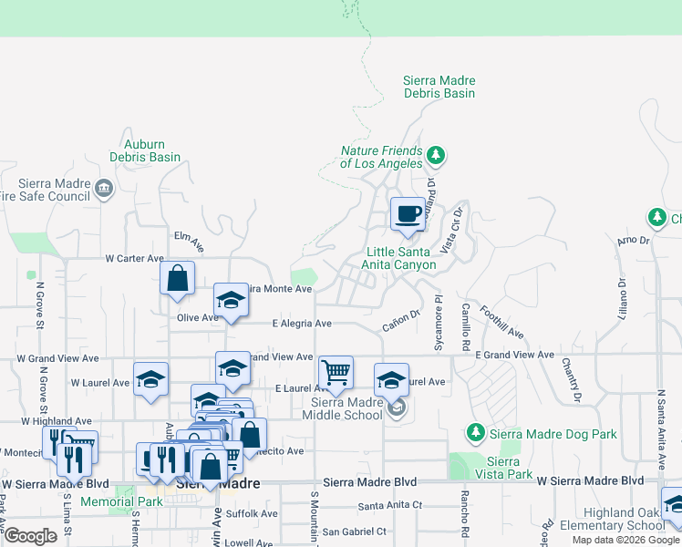 map of restaurants, bars, coffee shops, grocery stores, and more near 245 Old Ranch Road in Sierra Madre