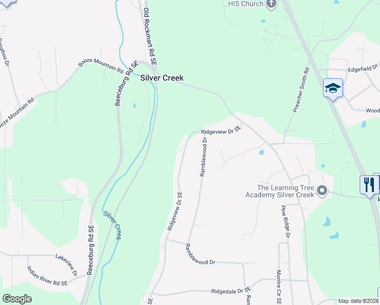 map of restaurants, bars, coffee shops, grocery stores, and more near 8 Ramblewood Drive in Silver Creek