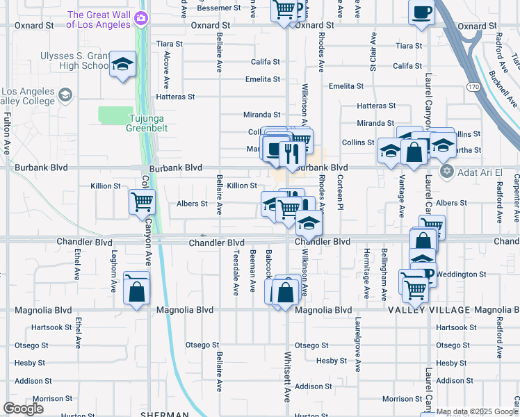 map of restaurants, bars, coffee shops, grocery stores, and more near 12546 Albers Street in Los Angeles