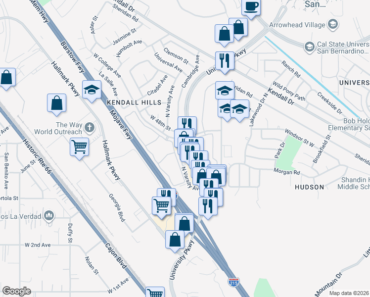 map of restaurants, bars, coffee shops, grocery stores, and more near 4594 University Parkway in San Bernardino