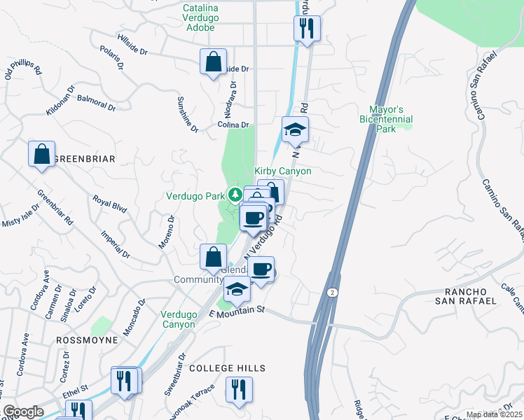 map of restaurants, bars, coffee shops, grocery stores, and more near 1559 The Midway Street in Glendale