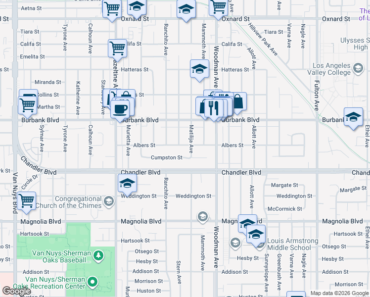 map of restaurants, bars, coffee shops, grocery stores, and more near 13814 Albers Street in Los Angeles