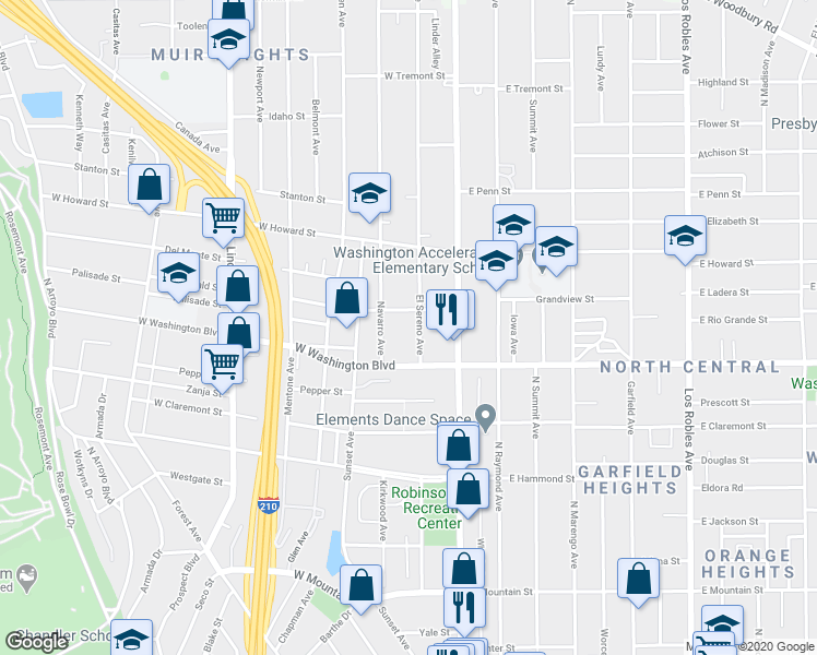 map of restaurants, bars, coffee shops, grocery stores, and more near 1415 El Sereno Avenue in Pasadena
