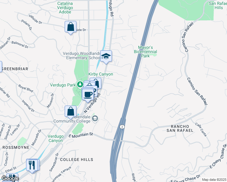 map of restaurants, bars, coffee shops, grocery stores, and more near 1865 Verdugo Loma Drive in Glendale