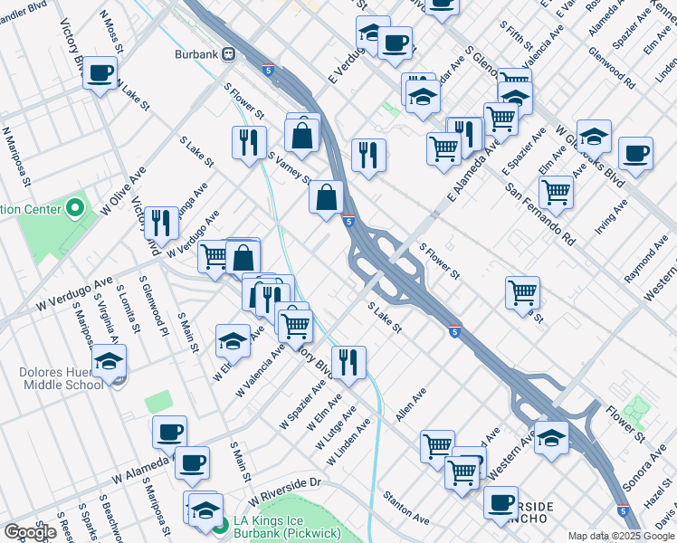 map of restaurants, bars, coffee shops, grocery stores, and more near 822 South Lake Street in Burbank