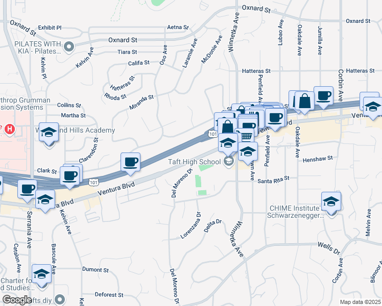 map of restaurants, bars, coffee shops, grocery stores, and more near 20251 Ventura Boulevard in Los Angeles