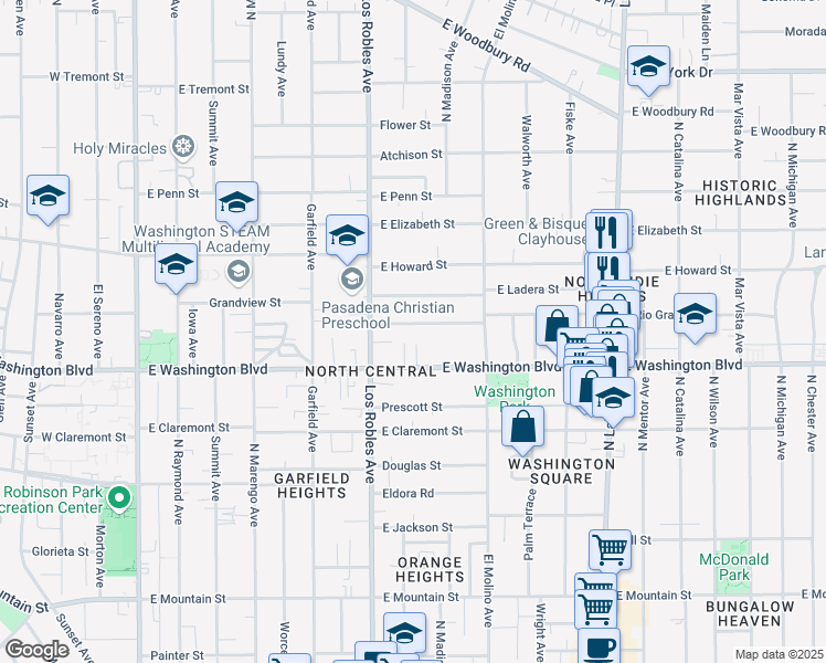 map of restaurants, bars, coffee shops, grocery stores, and more near 518 East Rio Grande Street in Pasadena