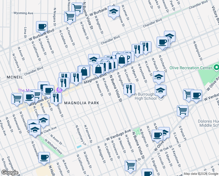 map of restaurants, bars, coffee shops, grocery stores, and more near 700 North Frederic Street in Burbank