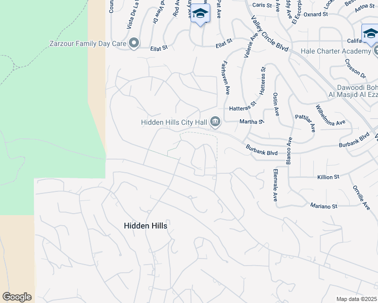 map of restaurants, bars, coffee shops, grocery stores, and more near 5854 Round Meadow Road in Hidden Hills
