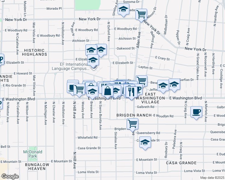 map of restaurants, bars, coffee shops, grocery stores, and more near 1394 North Oxford Avenue in Pasadena