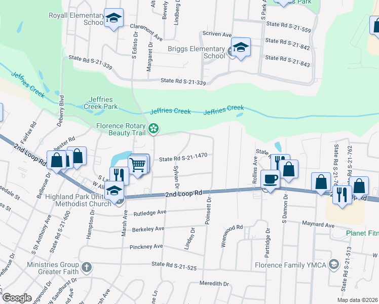 map of restaurants, bars, coffee shops, grocery stores, and more near 1125 State Road S-21-1470 in Florence